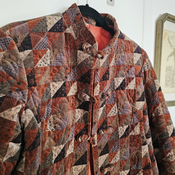 Vintage 90s Velvet Quilted Patchwork Patterned Jacket w/ Frog Closures - Picture 2 of 15